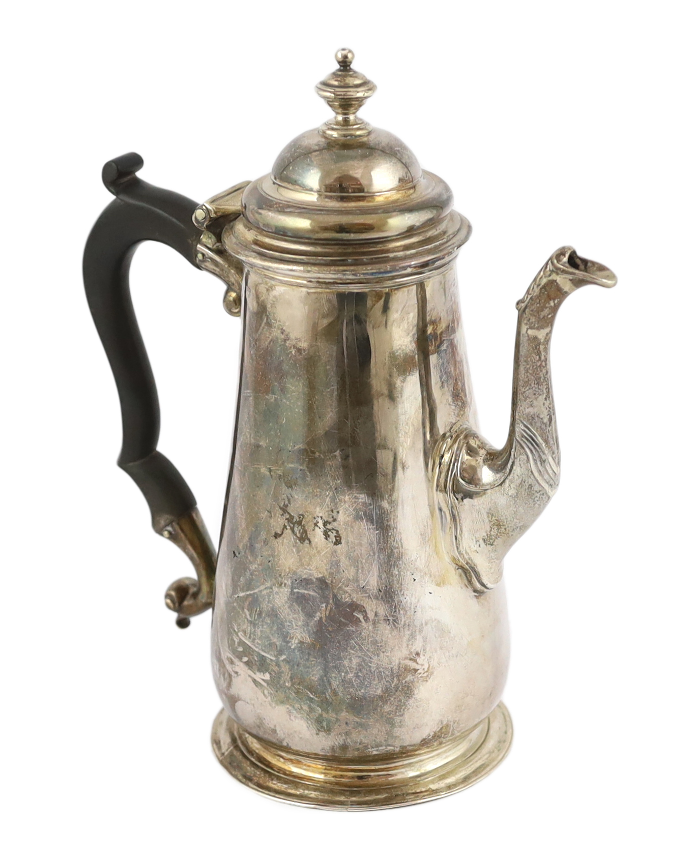 A George III silver coffee pot and hinged cover with turned finial, maker R?